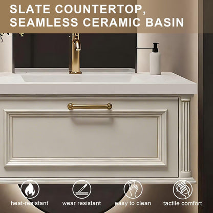 60”-84”Floating Double Sink Bathroom Vanity with LED Arch Mirrors, Wall Mounted Cream White Vanity with Gold Handles, Modern Bathroom Cabinet