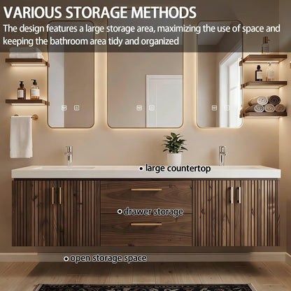 60"-84"Ribbed Wood Floating Bathroom Vanity with Double Sinks & Gold Framed LED Mirrors