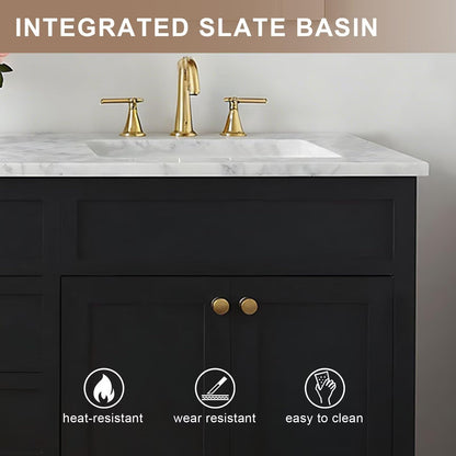 60”-96” Double Sink Freestanding Bathroom Vanity with Marble Top, Black Wood Vanity with Gold Hardware & Large Mirror, Modern Cabinet