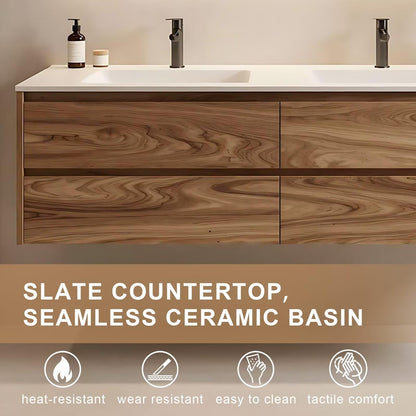60”-84” Double Sink Floating Bathroom Vanity with LED Backlit Mirror, Wall Mounted Walnut Vanity with White Top & Storage