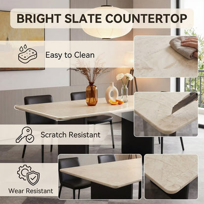 60"-80"Modern Rectangular Dining Table, Light Travertine Top with Matte Black Legs
