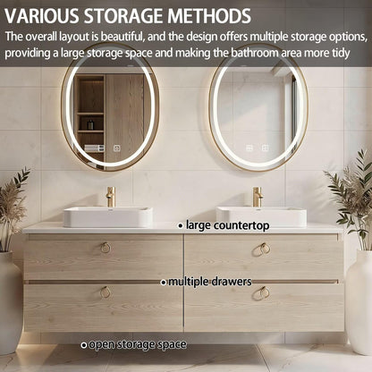 60”-84”Double Sink Floating Bathroom Vanity with LED Round Mirrors, Light Wood Cabinet & Gold Hardware
