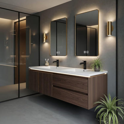 60"-96"Dark Walnut Floating Bathroom Vanity with Fluted Doors & LED Mirrors