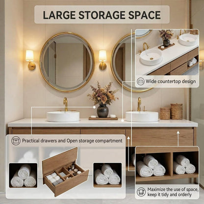 60”-84”Double Sink Bathroom Vanity Set with Round Mirrors,Wood Cabinet & White Stone Top