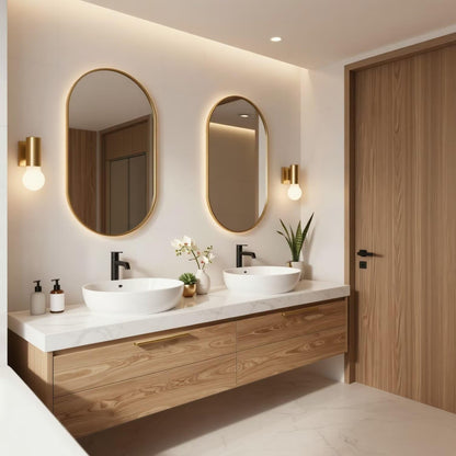 60"-84"Light Wood Wall-Mounted Vanity with White Marble Top & Soft-Close Drawers for Bathroom