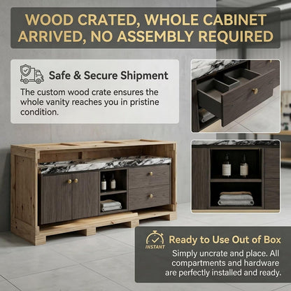 60"-84"Wall-Mounted Bathroom Vanity with Double Sink, Marble Countertop & Gold Knobs