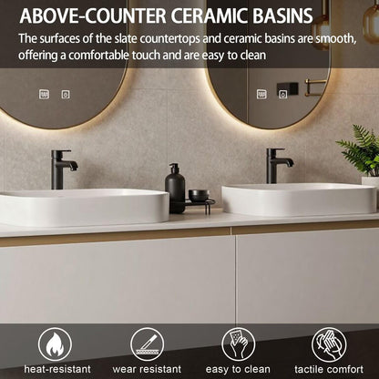 60”-78”Double Vanity, White Floating Cabinet with Gold Trim Oval LED Mirrors