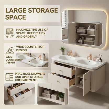 60"-84"Luxury Curved Bathroom Vanity with Double Basin & Smart LED Lighted Mirror