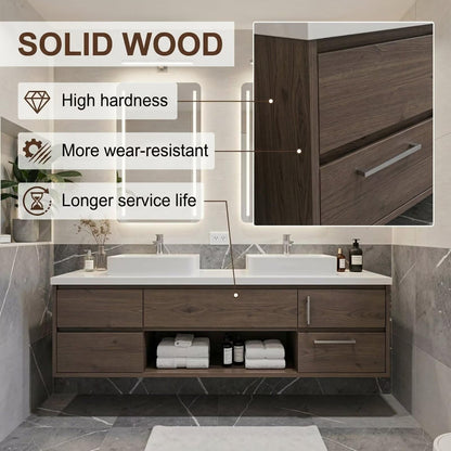 60”-96” Modern Dark Wood Vanity with Double Basins, Storage Drawers & LED Wall Mirrors