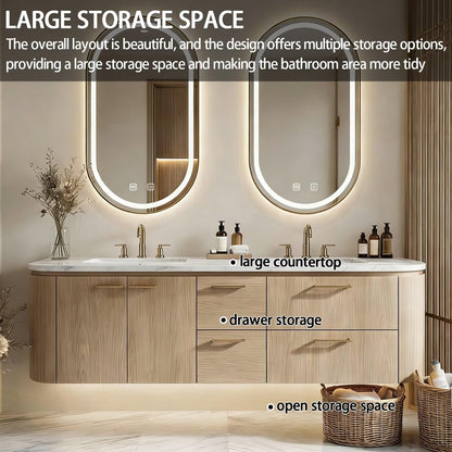 60"-84"Floating Oak Bathroom Vanity with Double Sinks & LED Oval Mirrors