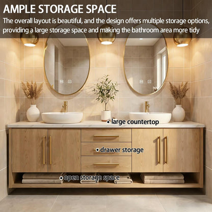 60”-84”Double Sink Floating Bathroom Vanity with Gold Oval Mirrors, Light Wood Cabinet & Gold Hardware