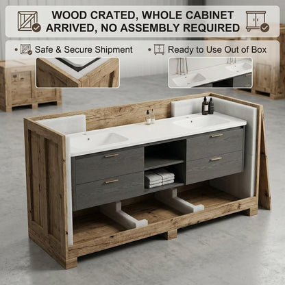 60"-96"Gray Floating Bathroom Vanity with Double Sinks & LED Arched Mirrors