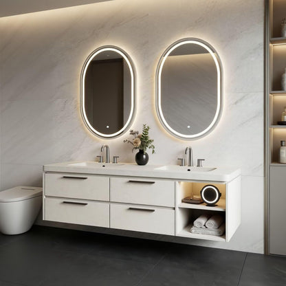 60"-96"Cream Bathroom Vanity with Double Sinks, LED Mirrors & Open Side Shelf
