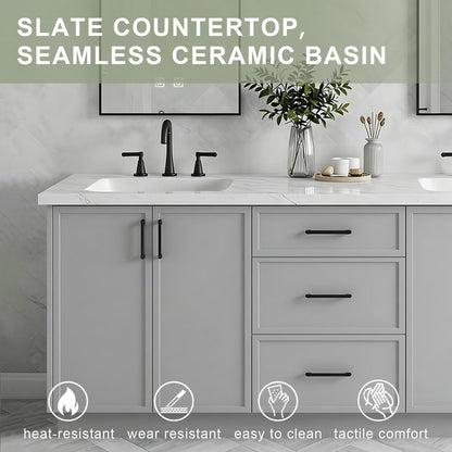 60”-96”Double Sink Freestanding Bathroom Vanity with 2 LED Mirrors, Gray Wood Vanity with Marble Top & Black Hardware