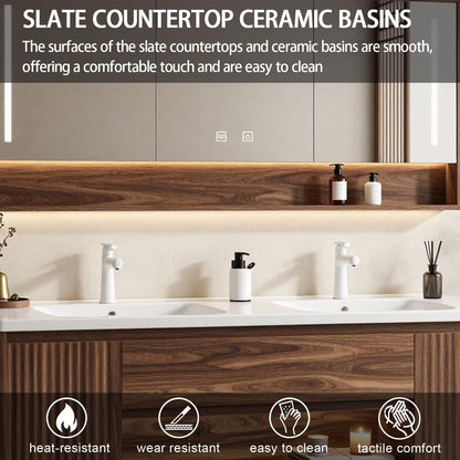 60”-84”Double Sink Floating Bathroom Vanity with LED Mirror Cabinet, Walnut Fluted Cabinet