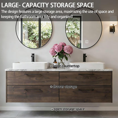 60”-84”Double Sink Floating Bathroom Vanity with Black Round Mirrors, Dark Wood Cabinet & Marble Top