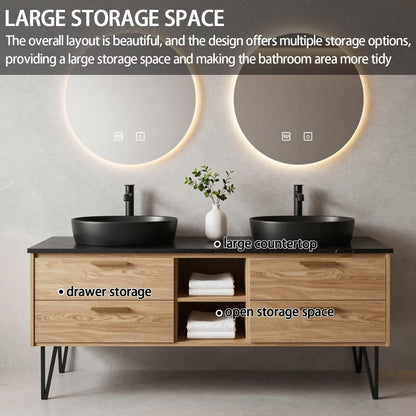 60”-84”Double Vanity, Light Wood Cabinet with Backlit LED Mirrors