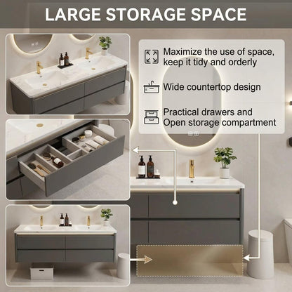 60"-84"Modern Floating Bathroom Vanity Set with LED Mirrors & Gold Handles