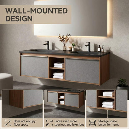 60"-96"Wall-Mounted Bathroom Vanity with Black Countertop & Open Towel Shelf