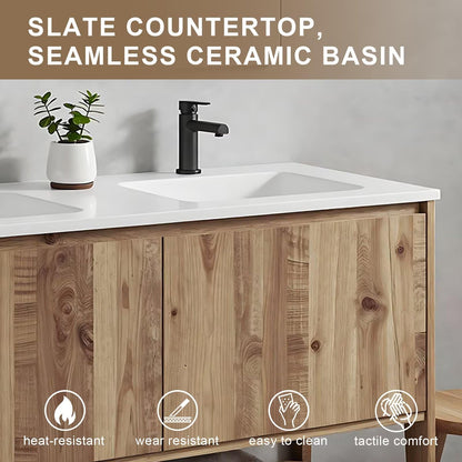 60”-84”Double Sink Freestanding Bathroom Vanity, Solid Teak Cabinet with Open Shelf & LED Mirrors