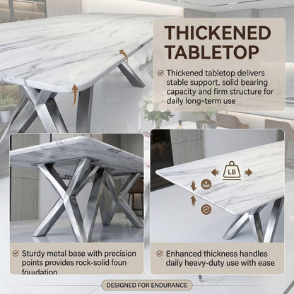 56"-96"White Marble Dining Table with Silver X-Base Legs for 6, Modern Kitchen