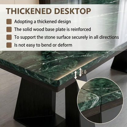 60"-80"Green Marble Dining Table, Modern Rectangular Kitchen Table with Black Metal Base