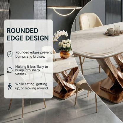 60"-80"Luxury White Marble Dining Table, Modern Kitchen Table with Elegant Rose Gold Base