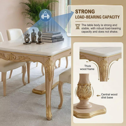 60"-80"French Style Dining Table, Elegant White Top with Gold Carved Legs for 6 People
