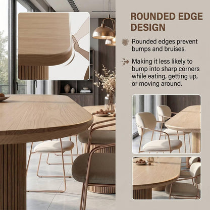 60"-80"Light Wood Oval Dining Table, Modern Kitchen Table with Fluted Column Base