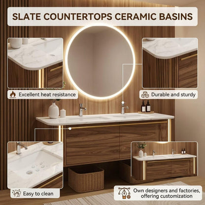 60"-84"Double Sink Floating Vanity with LED Round Mirror,Walnut Finish
