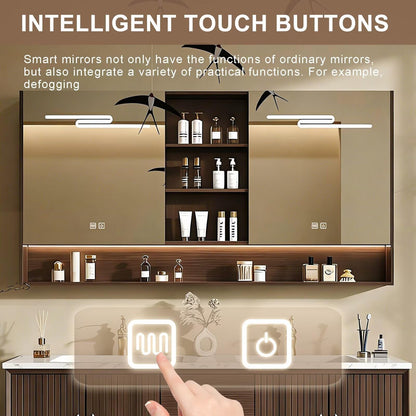 60”-84”Double Sink Floating Bathroom Vanity with LED Mirror Cabinet, Wall Mounted Walnut Vanity with Marble Top & Gold Hardware