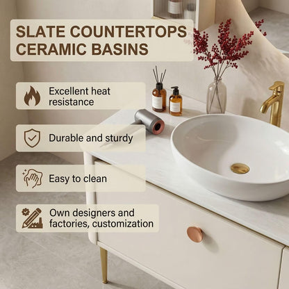 60"-96"White Freestanding Bathroom Vanity with Double Vessel Sinks & LED Round Mirror