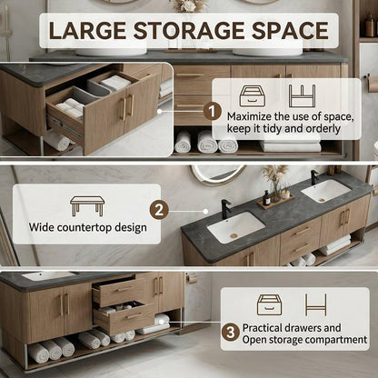 60”-96”Oak Floating Double Sink Vanity with LED Oval Mirrors & Open Storage