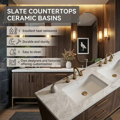 60"-96"Modern Dark Wood Bathroom Vanity with Double Sinks & Arched Mirrors