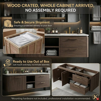 60"-96"Walnut Floating Bathroom Vanity with Marble Top & LED Framed Mirror