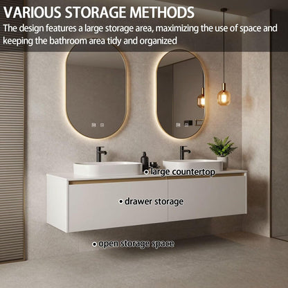 60”-78”Double Vanity, White Floating Cabinet with Gold Trim Oval LED Mirrors
