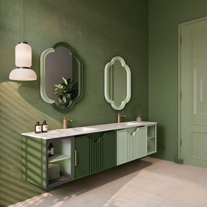 60"-96"Sage Green Floating Bathroom Vanity with Double Sinks & Scalloped Mirrors