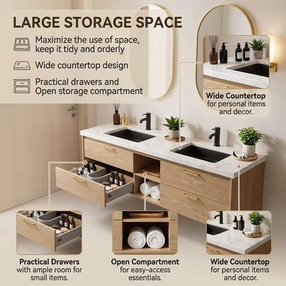 60”-84”Double Sink Floating Bathroom Vanity with Gold Oval Mirrors