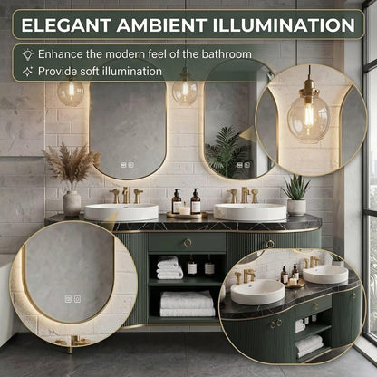60"-96"Freestanding Green Bathroom Vanity with Double Vessel Sinks & LED Mirrors