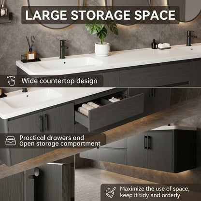 60"-96"Dark Gray Floating Bathroom Vanity with Double Sinks & LED Oval Mirrors