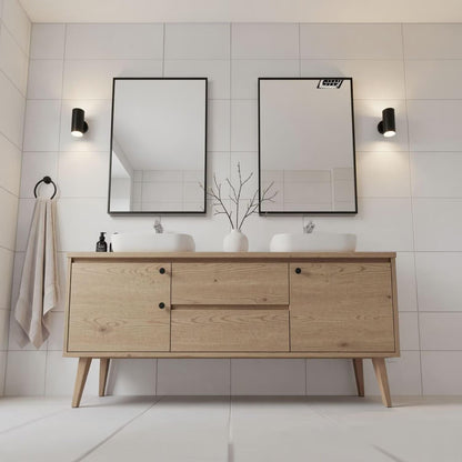 60"-96"Modern Scandinavian Bathroom Vanity with Double Sinks & Oak Cabinet