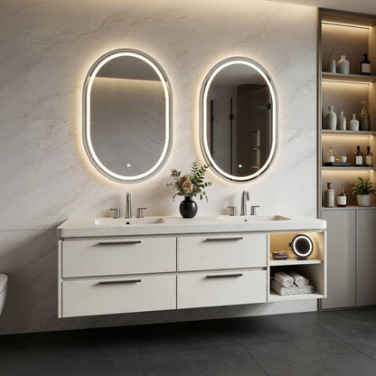 60"-96"Cream Bathroom Vanity with Double Sinks, LED Mirrors & Open Side Shelf