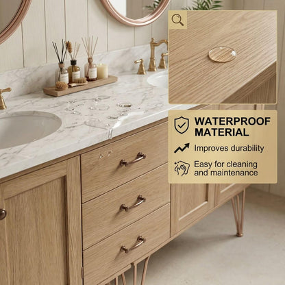 60"-96"Light Oak Double Sink Bathroom Vanity with Marble Top & Rose Gold Legs
