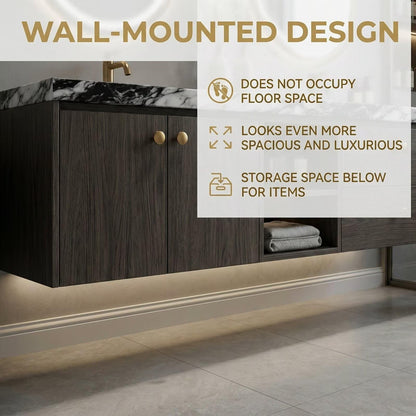 60"-84"Wall-Mounted Bathroom Vanity with Double Sink, Marble Countertop & Gold Knobs