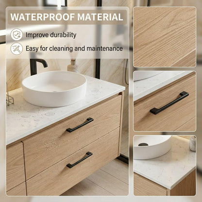 60"-96"Light Oak Floating Bathroom Vanity with Double Vessel Sinks & LED Mirrors