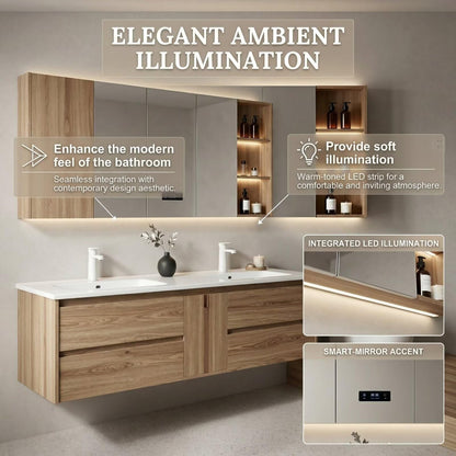 60”-96” Light Wood Floating Bathroom Vanity with Double Sinks & LED Lighted Mirror Cabinet
