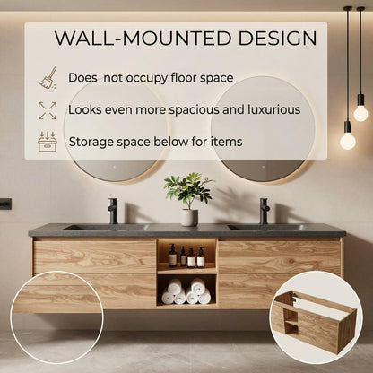 60”-84”Double Sink Floating Bathroom Vanity with LED Round Mirrors, Light Wood Cabinet & Stone Top