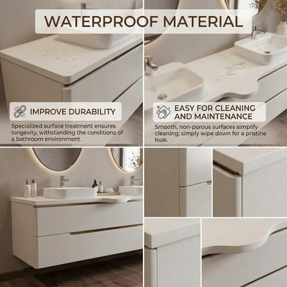 60”-96”Modern White Floating Bathroom Vanity with Double Oval LED Mirrors & Wave Countertop
