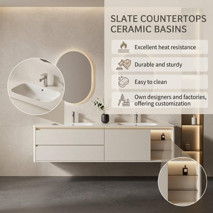 60"-84"Wall Mounted White Bathroom Vanity with Double Sinks & Open Shelf Storage
