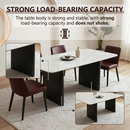 56"-96"Modern White Marble Dining Table with Black Base, 4-6 Seater Rectangular Kitchen Table